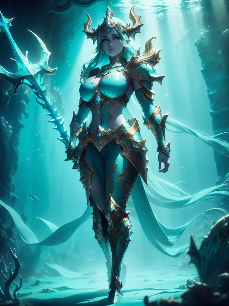 Photorealistic image ((Masterpiece)), ((high quality)) UHD 8K, of the Goddess Ran, goddess of the Nordic seas, realistic, Sea Elf, (medium chest), (thin waist), (long turquoise hair), ((body view full)), ((Full body fantasy armor)), ((breastplate)), with blue scales, ((large shoulder pads and intricate ice blue lights)), (((three pronged trident in her right hand))), ((in her underwater kingdom under the sea, fantastic celestial palace underwater submarine)), (mythological lighting and fantasy atmosphere), action pose, Dynamic lighting, heavy shadows, facing the viewer, gentle smile, ((light blue-green skin)),