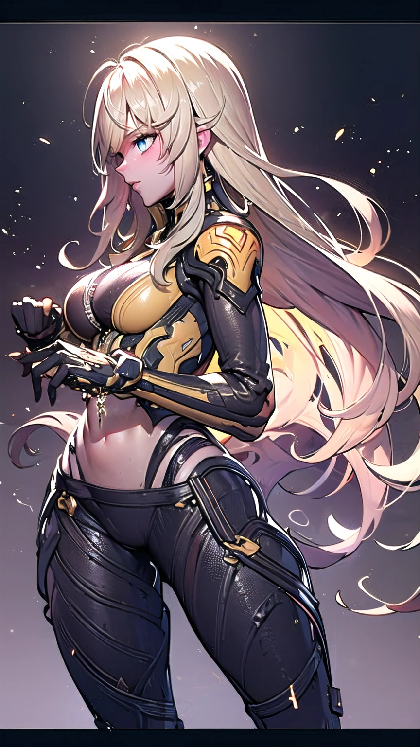 Elena from star ocean 6, long yellow hair in loose sheaf, sapphire blue eyes, skin tight ultra-low-rise leather pants, fitted yellow jacket 3/4 cropped, (black motorcycle boots), holding futuristic beam weapon, in various fighting poses, highly detailed face, intricately detailed hands, best hands, perfect, background of vivid cosmic swirls of color, 16k, masterpiece, award winning digital art, strong_negative