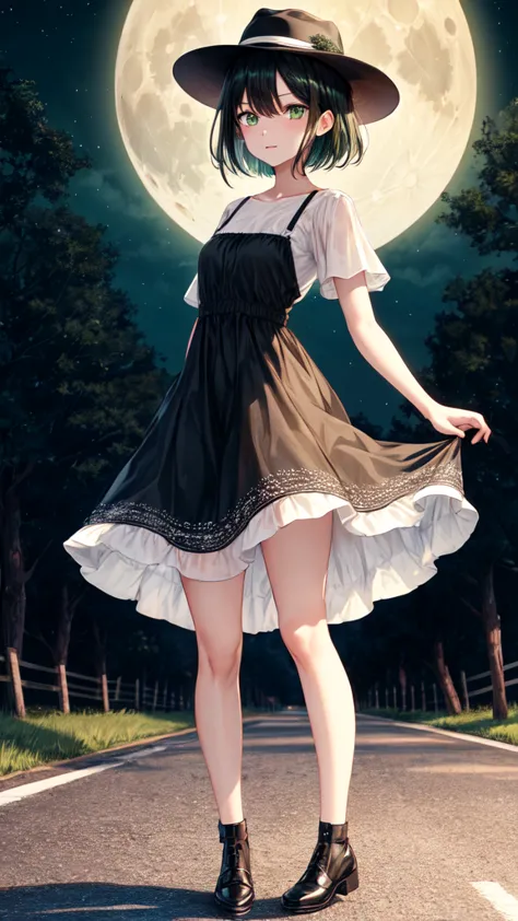 ultra quality, women's, adult, ((hd quality)), full height, green eyes, black hair, short hair, 
stand, road, there are trees ar...