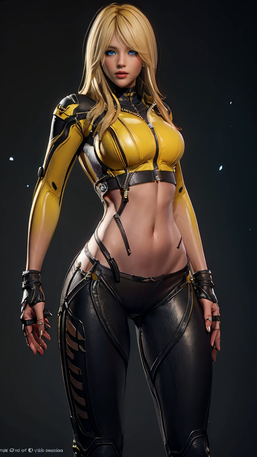 Elena from star ocean 6, long yellow hair in loose sheaf, sapphire blue eyes, skin tight ultra-low-rise leather pants, fitted yellow jacket 3/4 cropped, (black motorcycle boots), holding futuristic beam weapon, in various fighting poses, highly detailed face, intricately detailed hands, best hands, perfect, background of vivid cosmic swirls of color, 16k, masterpiece, award winning digital art, strong_negative