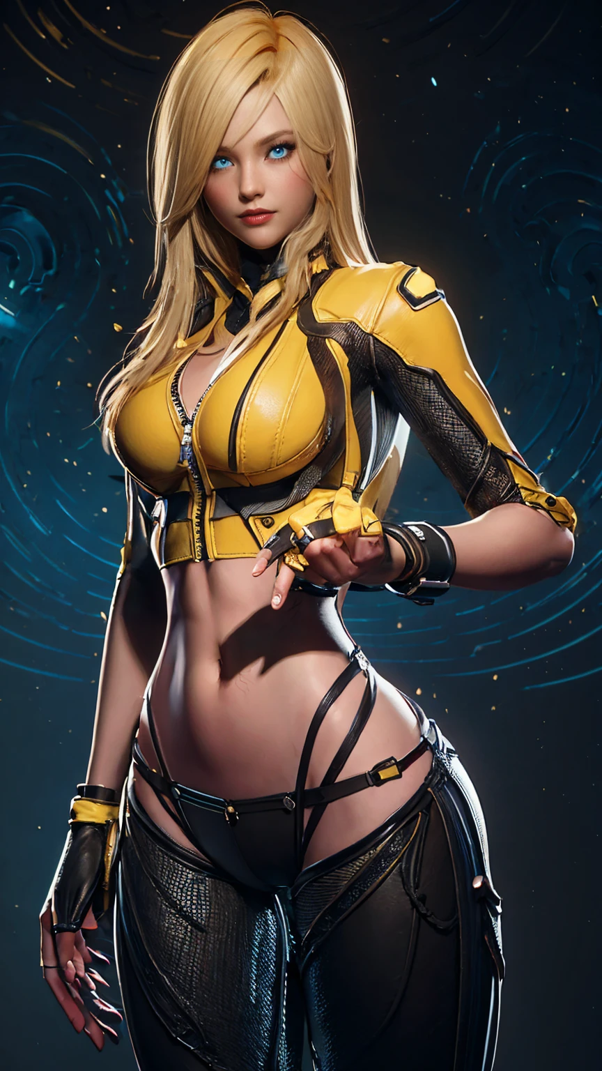 Elena from star ocean 6, long yellow hair in loose sheaf, sapphire blue eyes, skin tight ultra-low-rise leather pants, fitted yellow jacket 3/4 cropped, (black motorcycle boots), holding futuristic beam weapon, in various fighting poses, highly detailed face, intricately detailed hands, best hands, perfect, background of vivid cosmic swirls of color, 16k, masterpiece, award winning digital art, strong_negative