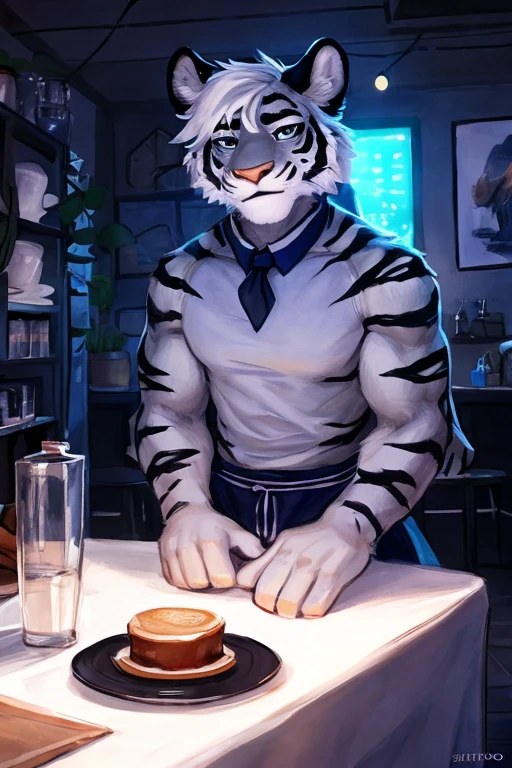 (((inside of a small Cafe standing behind the table with the POV of you sitting at the table looking at the waiter  ,the waiter is a light gray tiger shark with white hair male standing up with big muscle, An artwork,))), big chest wearing clothing , day, , sensual, detailed, uploaded to e621, beautiful and detailed portrait of an anthropomorphic , (((male))) uploaded to e621, zaush, foxovh, movie lighting, thicc, alone, movie cover, detailed, 8k res, hires, detailed eyes, good anatomy, good perspective, towards viewer, by bebebebebe, by sicklyhypnos, by gerkk, by orf, nice hands, perfect hands, happy, romantic, ray tracing lighting, rtx on