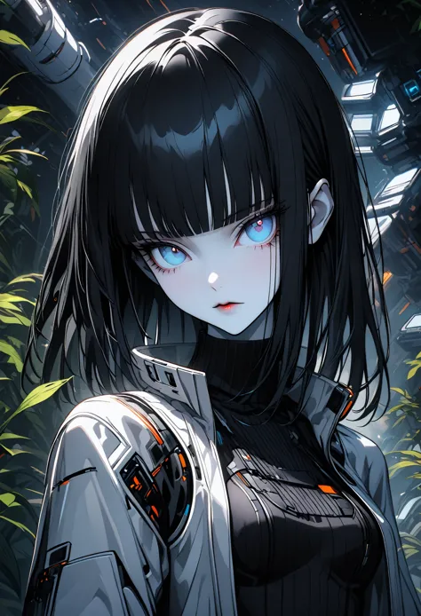 solo, female, long straight black hair, straight bangs, hime cut, light blue eyes, slender, thin, very tall, black turtleneck, l...