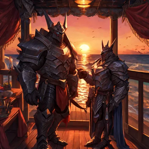 muscular knight, mordekaiser, dating with a guy on the ferry ship, sunset, couple