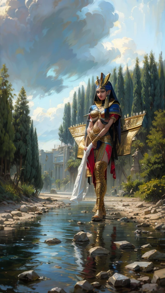 ((Frank Frazetta oil painting)),beautiful Queen Cleopatra Egyptian woman, Beautiful black eyes、smiling Egyptian woman, (Glossy Egyptian ornaments, perfect body:1.4,(top-quality、8K、32K、​masterpiece)、超A high resolution, ((traditional Egyptian bangs and fringe hairstyle)), black hair with heavy bangs on the forehead, (cowboy shot), depth of field, cinematic lighting effect、muscular body, caramel skin shiny with oil and sweat, ((Egyptian sorceress)), ((wearing insanely detailed blue and gold ancient Egyptian sorceress outfit)), ((ornate blue and gold Egyptian headdress)), interior of ancient Egyptian palace, NSFW