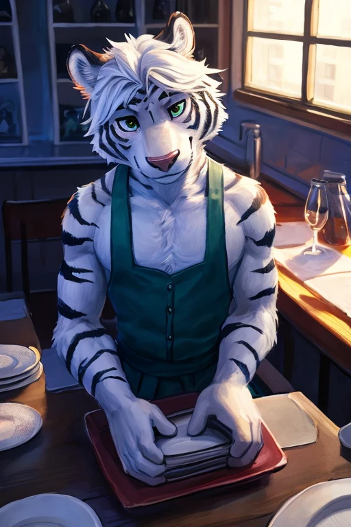 (((inside of a small Cafe standing behind the table with the POV of you sitting at the table looking at the waiter  ,the waiter is a light gray tiger shark with white hair male standing up with big muscle, An artwork,wearing waitress waiter clothing, clothing))), big chest wearing clothing , day, , sensual, detailed, uploaded to e621, beautiful and detailed portrait of an anthropomorphic , (((male))) uploaded to e621, zaush, foxovh, movie lighting, thicc, alone, movie cover, detailed, 8k res, hires, detailed eyes, good anatomy, good perspective, towards viewer, by bebebebebe, by sicklyhypnos, by gerkk, by orf, nice hands, perfect hands, happy, romantic, ray tracing lighting, rtx on