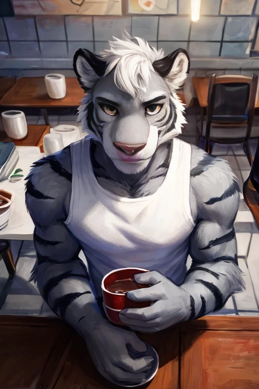 (((inside of a small Cafe standing behind the table with the POV of you sitting at the table looking at the waiter  ,the waiter is a light gray tiger shark with white hair male standing up with big muscle, An artwork,wearing waitress waiter clothing, clothing))), big chest wearing clothing , day, , sensual, detailed, uploaded to e621, beautiful and detailed portrait of an anthropomorphic , (((male))) uploaded to e621, zaush, foxovh, movie lighting, thicc, alone, movie cover, detailed, 8k res, hires, detailed eyes, good anatomy, good perspective, towards viewer, by bebebebebe, by sicklyhypnos, by gerkk, by orf, nice hands, perfect hands, happy, romantic, ray tracing lighting, rtx on