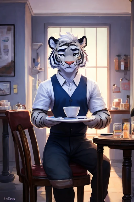 (((inside of a small Cafe standing behind the table with the POV of you sitting at the table looking at the waiter  ,the waiter is a light gray tiger shark with white hair male standing up with big muscle, An artwork,wearing waitress waiter clothing, clothing))), big chest wearing clothing , day, , sensual, detailed, uploaded to e621, beautiful and detailed portrait of an anthropomorphic , (((male))) uploaded to e621, zaush, foxovh, movie lighting, thicc, alone, movie cover, detailed, 8k res, hires, detailed eyes, good anatomy, good perspective, towards viewer, by bebebebebe, by sicklyhypnos, by gerkk, by orf, nice hands, perfect hands, happy, romantic, ray tracing lighting, rtx on