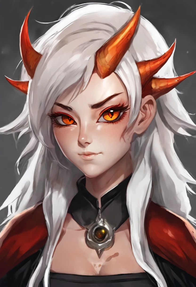 mature woman, hollowfication, medium dragon horns, medium white hair with red spots, orange eyes, red hairs on the body, black clothing.