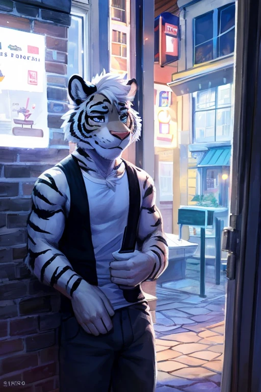 (((outside of a small Cafe  standing outside the front door at night yime,the waiter is a light gray tiger shark with white hair male standing up with big muscle, An artwork,))), big chest wearing clothing , day, , sensual, detailed, uploaded to e621, beautiful and detailed portrait of an anthropomorphic , (((male))) uploaded to e621, zaush, foxovh, movie lighting, thicc, alone, movie cover, detailed, 8k res, hires, detailed eyes, good anatomy, good perspective, towards viewer, by bebebebebe, by sicklyhypnos, by gerkk, by orf, nice hands, perfect hands, happy, romantic, ray tracing lighting, rtx on