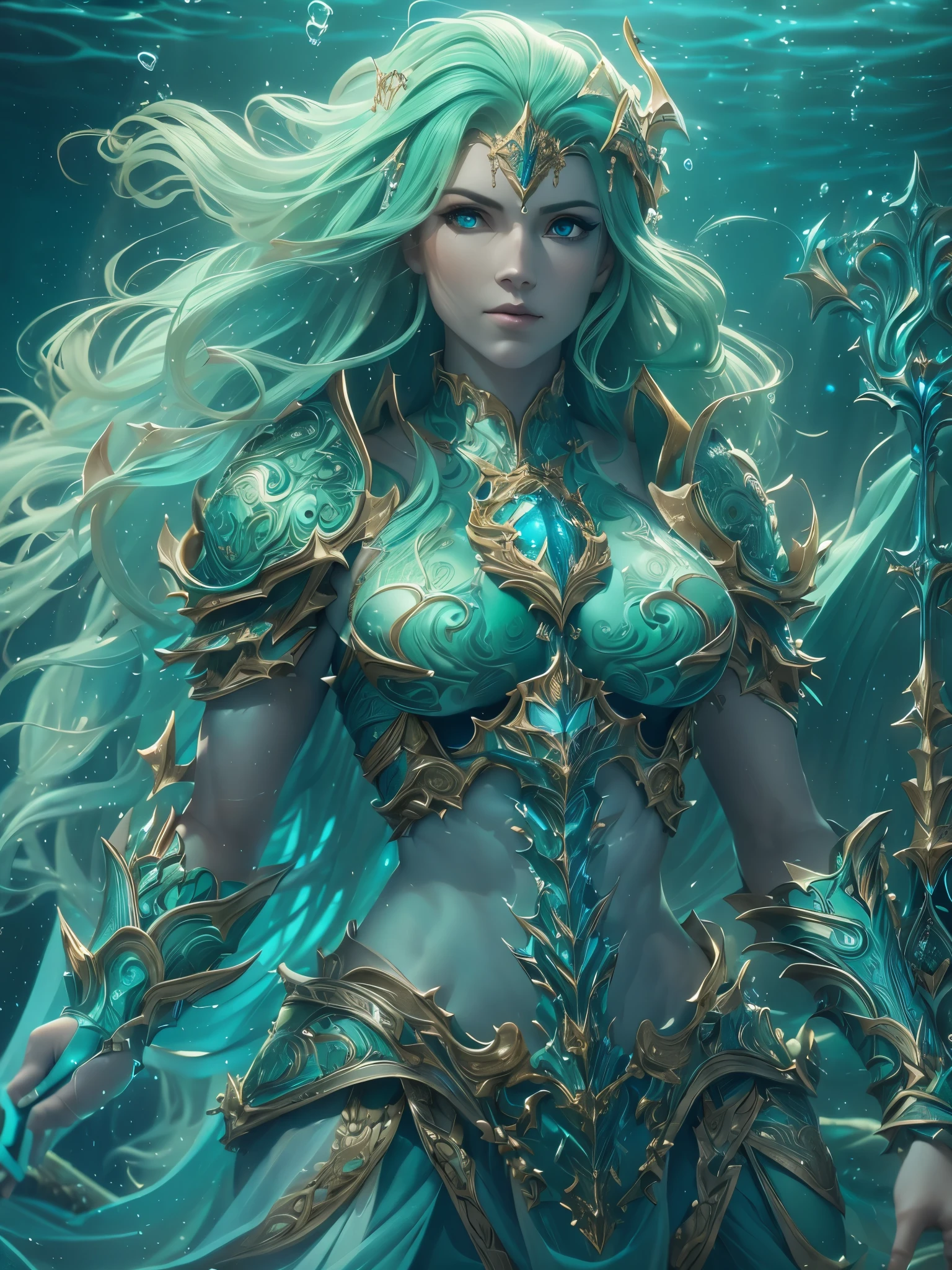 Photorealistic image ((Masterpiece)), ((high quality)) UHD 8K, Sea Goddess, goddess of Nordic seas, Valkyrie Armour, realistic, Sea Elf, (medium chest), (hourglass waist), (long turquoise hair), ((body view full)), ((Full body fantasy armour)), ((defined breastplate)), blue scaled chestplate, ((large shoulder pauldrons, intricate ice blue glow on armor)), (((three pronged trident in her right hand, three pronged trident))), ((underwater kingdom, underwater city, underwater palace, fantastic celestial palace underwater)), (mythological lighting and fantasy atmosphere), action pose, warrior goddess pose, Dynamic lighting, heavy shadows, facing the viewer, gentle smile, detailed face, detailed eyes, detailed smile, soft pale blue skin, soft skin, ((light blue-green skin)),