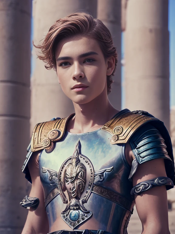 Portrait, 1boy, , armor, warrior, Ncient Greece handsome, Greek model, blonde boy, blue eyes, symmetrical, focus on the boy, medium shot, looking at the camera, film grain, young god greek, beauty, pose, super model, young god greek beauty, representation of a Greek god, glorious, majestic, supreme, nature, artistic portrait, artistic pose, photography award