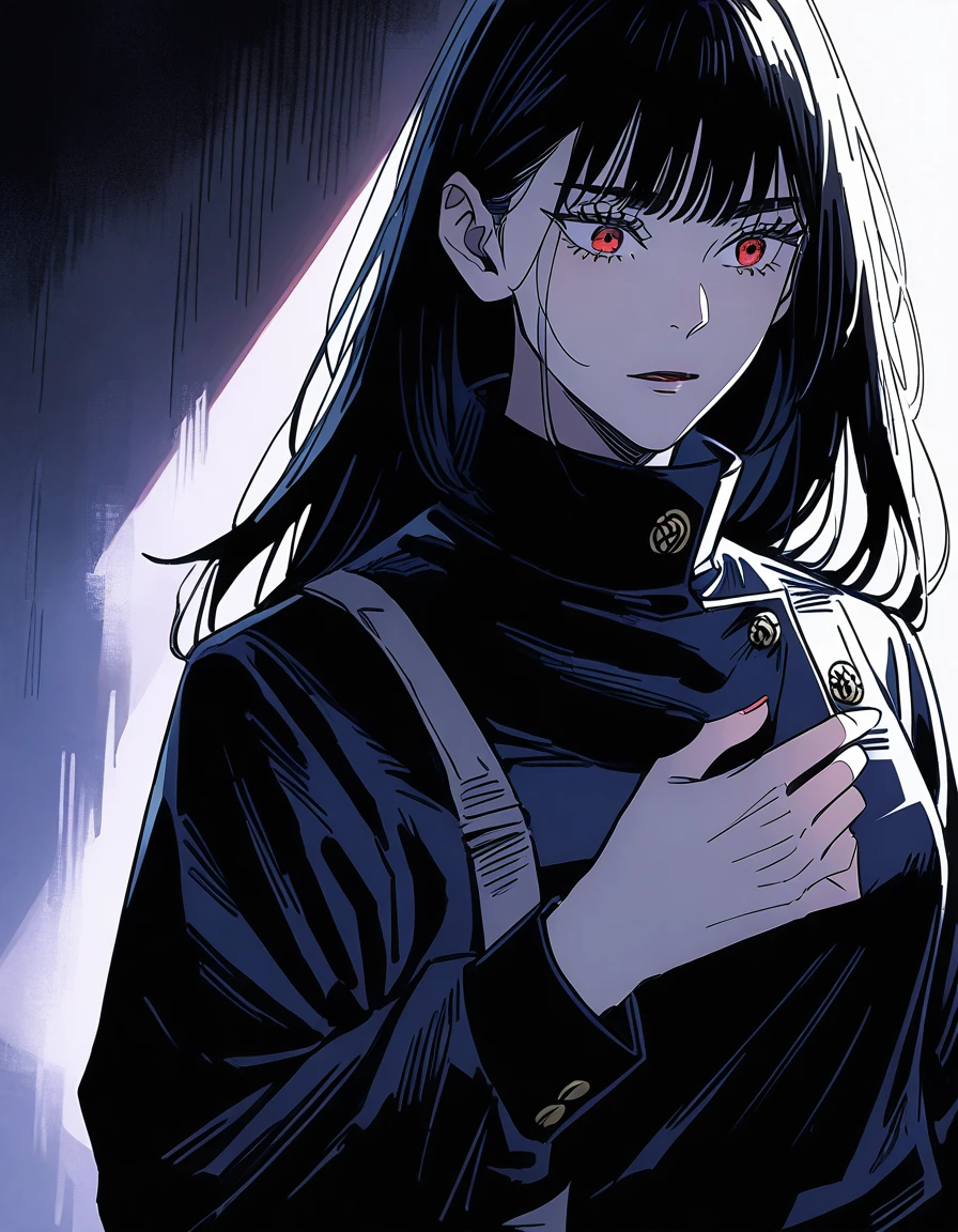 artwork, jujutsu kaisen uniform, lighting, at jujutsu kaisen school, a woman with long black hair with bangs (long hair), red eyes, beautiful, cute. with gojo satoru