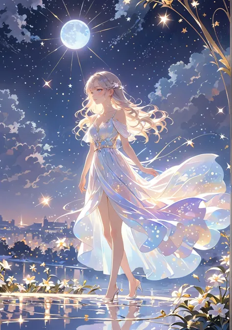 a girl standing alone under the starry night sky, with her silhouette illuminated by the soft moonlight and twinkling stars. her...