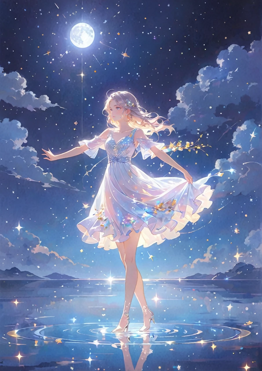 A girl standing alone under the starry night sky, with her silhouette illuminated by the soft moonlight and twinkling stars. Her face is beautifully detailed, with mesmerizing eyes that seem to reflect the universe itself, long and fluttering eyelashes, and exquisitely defined lips. She is dressed in an elegant gown, flowing and ethereal, embracing her figure gracefully as it glimmers with a subtle celestial glow. The intricate details of her dress catch the faint starlight, creating a mesmerizing sparkle. The surrounding landscape showcases a serene garden, lush with vibrant foliage and colorful flowers. The air is filled with a gentle breeze, causing the leaves to rustle and the flowers to sway delicately. The garden is bathed in a warm, dreamy color palette, with hues of deep blues, purples, and hints of silver. The atmosphere is calm and tranquil, evoking a sense of peace and serenity. The artwork is of the highest quality, meticulously created with ultra-detailed brushstrokes and precise attention to every element. The texture and depth of the painting are breathtaking, with a sense of realism and photorealism that captures the awe-inspiring beauty of the night sky. The lighting is soft and diffused, casting a gentle glow over the entire scene, enhancing the magical ambiance. The girl's presence radiates a sense of mystery and wonder, as if she holds a secret connected to the celestial beings above. The overall composition evokes a feeling of timelessness and captures the essence of a StarSign, an artwork that embodies the celestial beauty and inner strength of a girl in harmony with the stars.