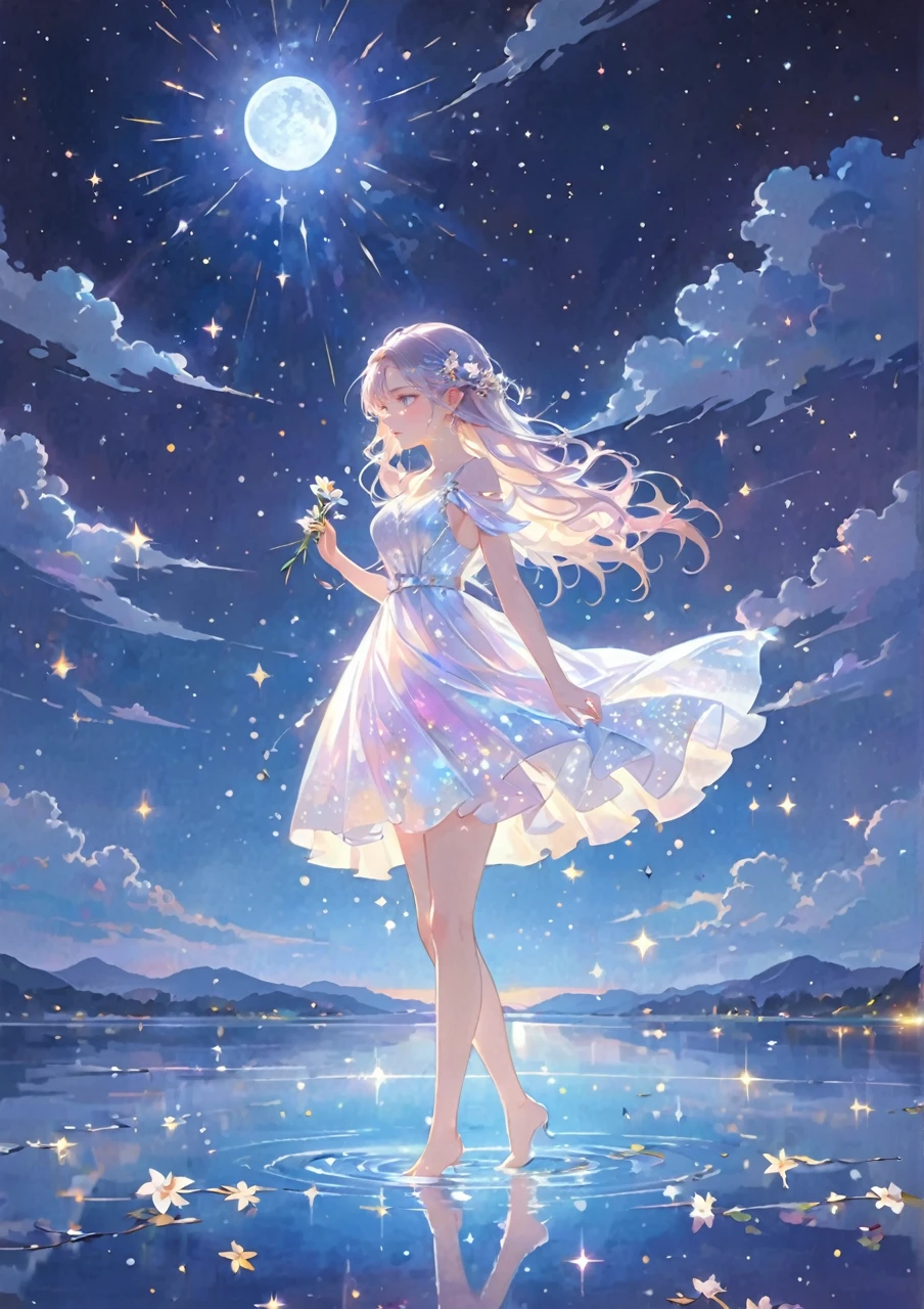 A girl standing alone under the starry night sky, with her silhouette illuminated by the soft moonlight and twinkling stars. Her face is beautifully detailed, with mesmerizing eyes that seem to reflect the universe itself, long and fluttering eyelashes, and exquisitely defined lips. She is dressed in an elegant gown, flowing and ethereal, embracing her figure gracefully as it glimmers with a subtle celestial glow. The intricate details of her dress catch the faint starlight, creating a mesmerizing sparkle. The surrounding landscape showcases a serene garden, lush with vibrant foliage and colorful flowers. The air is filled with a gentle breeze, causing the leaves to rustle and the flowers to sway delicately. The garden is bathed in a warm, dreamy color palette, with hues of deep blues, purples, and hints of silver. The atmosphere is calm and tranquil, evoking a sense of peace and serenity. The artwork is of the highest quality, meticulously created with ultra-detailed brushstrokes and precise attention to every element. The texture and depth of the painting are breathtaking, with a sense of realism and photorealism that captures the awe-inspiring beauty of the night sky. The lighting is soft and diffused, casting a gentle glow over the entire scene, enhancing the magical ambiance. The girl's presence radiates a sense of mystery and wonder, as if she holds a secret connected to the celestial beings above. The overall composition evokes a feeling of timelessness and captures the essence of a StarSign, an artwork that embodies the celestial beauty and inner strength of a girl in harmony with the stars.