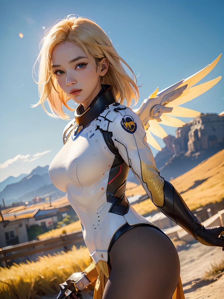 1 girl, alone, Kindness (Overwatch), mechanical radius, chest, blue eyes, blonde hair, tights, mechanical wing, wing, radius,  Holding, bodysuit,  yellow wing, brown tights, lips, glove, Pelvic curtain, black glove, big breast, full body, sky, Green fields and mountains, (realism:1.2), (Masterpiece:1.2), (best quality), (very detailed), (8ก, complicated), (85mm), light particles, light, (Highly detailed:1.2), (detailed face:1.5), (color gradient), NRF, colorful, (Detailed eyes:1.2), (Detailed background), (Third rule_component:1.3), (Line of action:1.2), wide angle shot, Daytime, alone.