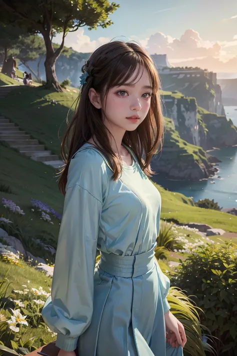 a young woman stands on the edge of a cliff., beautiful, detailed face, trending on artstation, lush green lawn, masterpiece qua...