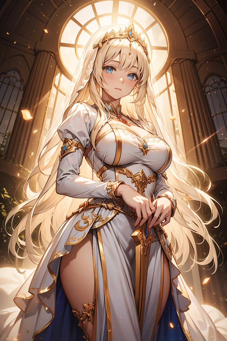 Mature woman，Fantasy World Princess，obsessed，Full Breasts，in love，Sacred，(And the White Princess Dress:1.3)，Blonde hair and blue eyes，Blue eyes，Great Sword，holy sword，Super super details，Ruffles，Lots of Lace，(There are stripes on the clothes:1.2)，(Dress nicely:1.1)，(Layered Skirt),Sheer and transparent clothing，Beautiful and delicate face，Movie Lighting，night，The only person，Lace,(shine:1.2), (Best quality), (masterpiece:1.2),sparkling gemstones, thick, thick, godess, milf,milf, thick, pawg