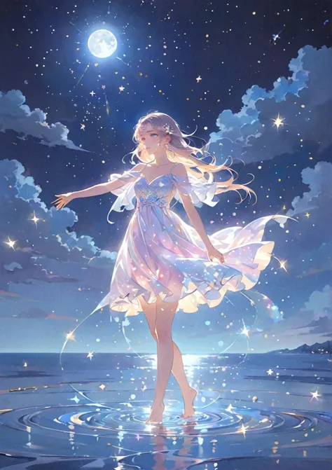 a girl standing alone under the starry night sky, with her silhouette illuminated by the soft moonlight and twinkling stars. her...