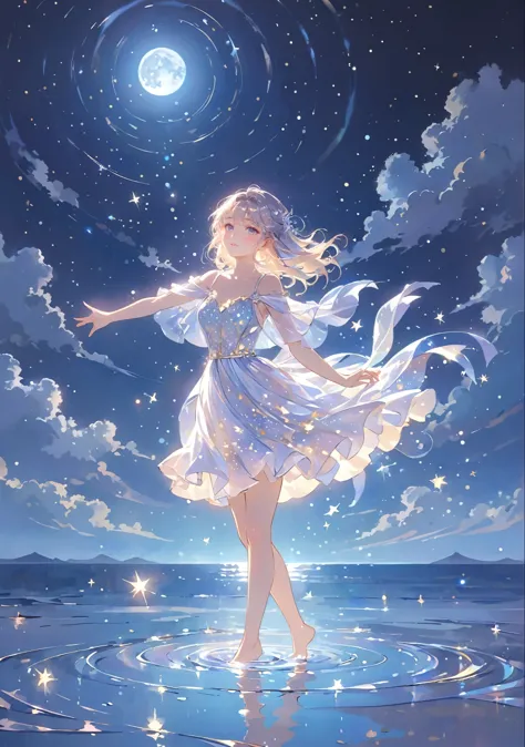 a girl standing alone under the starry night sky, with her silhouette illuminated by the soft moonlight and twinkling stars. her...