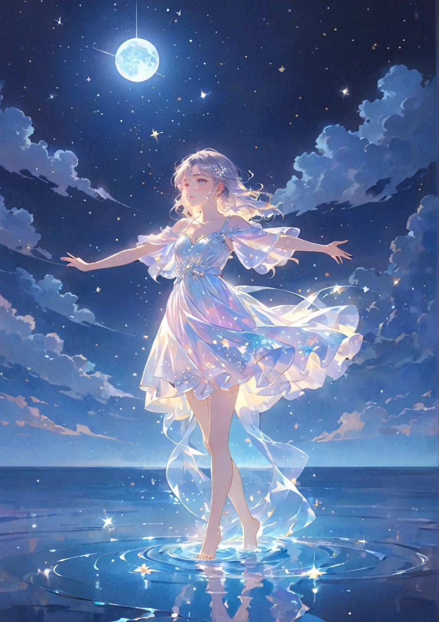 A girl standing alone under the starry night sky, with her silhouette illuminated by the soft moonlight and twinkling stars. Her face is beautifully detailed, with mesmerizing eyes that seem to reflect the universe itself, long and fluttering eyelashes, and exquisitely defined lips. She is dressed in an elegant gown, flowing and ethereal, embracing her figure gracefully as it glimmers with a subtle celestial glow. The intricate details of her dress catch the faint starlight, creating a mesmerizing sparkle. The surrounding landscape showcases a serene ocean. The air is filled with a gentle breeze, causing the fabric to sway delicately. The  is bathed in a warm, dreamy color palette, with hues of deep blues, purples, and hints of silver. The atmosphere is calm and tranquil, evoking a sense of peace and serenity. The artwork is of the highest quality, meticulously created with ultra-detailed brushstrokes and precise attention to every element. The texture and depth of the painting are breathtaking, with a sense of realism and photorealism that captures the awe-inspiring beauty of the night sky. The lighting is soft and diffused, casting a gentle glow over the entire scene, enhancing the magical ambiance. The girl's presence radiates a sense of mystery and wonder, as if she holds a secret connected to the celestial beings above. The overall composition evokes a feeling of timelessness and captures the essence of a StarSign, an artwork that embodies the celestial beauty and inner strength of a girl in harmony with the stars. Barefoot,walking on water