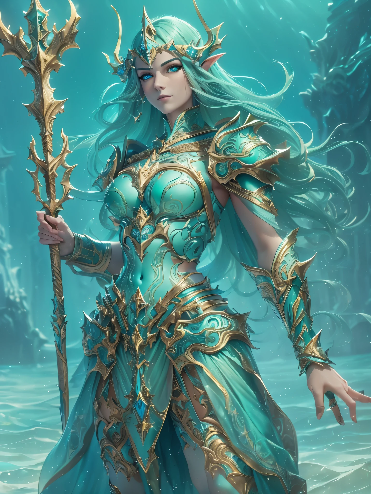 Photorealistic image ((Masterpiece)), ((high quality)) UHD 8K, Sea Goddess, goddess of Nordic seas, Valkyrie Armour, realistic, Sea Elf, (medium chest), (hourglass waist), (long turquoise hair), ((body view full)), ((Full body fantasy armour)), ((defined breastplate)), blue scaled chestplate, ((large shoulder pauldrons, intricate ice blue glow on armor)), (((three pronged trident in her right hand, three pronged trident))), ((Poseidon's trident)), ((underwater kingdom, underwater city, underwater palace, fantastic celestial palace underwater)), (mythological lighting and fantasy atmosphere), action pose, warrior goddess pose, Dynamic lighting, heavy shadows, facing the viewer, gentle smile, detailed face, detailed eyes, detailed smile, soft pale blue skin, soft skin, ((light blue-green skin)),