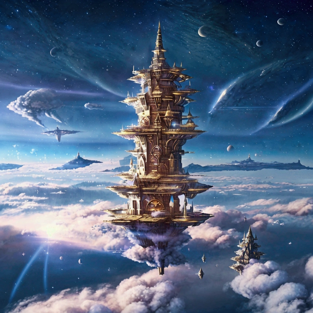 a high tower in the sky with a star on its top, floating cloud castle, cloud palace, fantasy sky city style, floating palace in the sky, 4k highly detailed digital art, stunning fantasy 3D rendering, floating city in the clouds, sky city, floating city in the sky, whimsical fantasy landscape, cute, matte steampunk paintwork