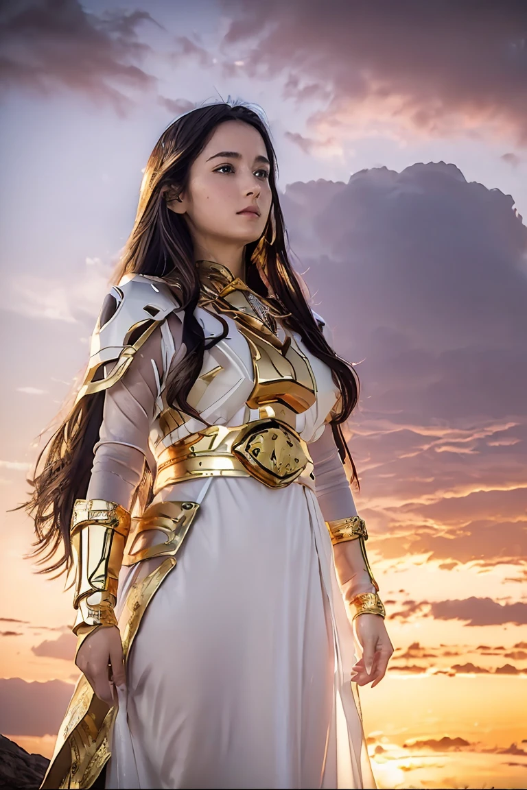 ((Masterpiece, best quality, very detailed), Volumetric light, surrounding occlusion, colorful, glow), 1 girl, alone, young girl, (dark hair), long hair, radius, Aura, sacred, goddess, Priest Uniform, (White dress with gold details:1.3), armor, outdoor, sunset, sky, cloud, space, (Fantasy Theme:1.2), full armor