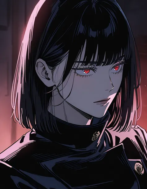 a woman (female) with long black hair with bangs (long black hair), red eyes (red), beautiful, cute, jujutsu kaisen uniform, lig...