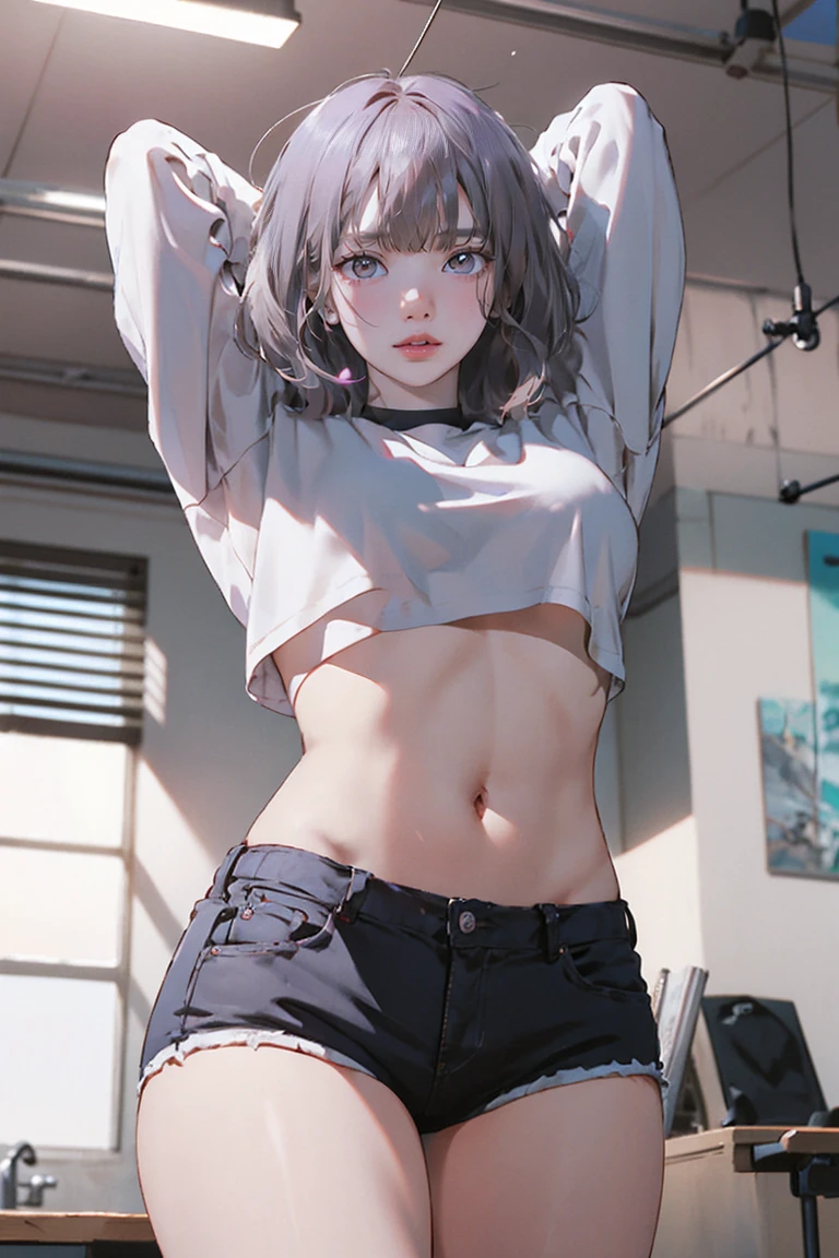 Realistically、 1 person、Gray Hair、Bobcut、Purple eyes、Shining Eyes、(Large Breasts), White T-shirt, Crop top, String、Shooting from below, with legs wide open,, Place your arms behind your head, Browsing Caution