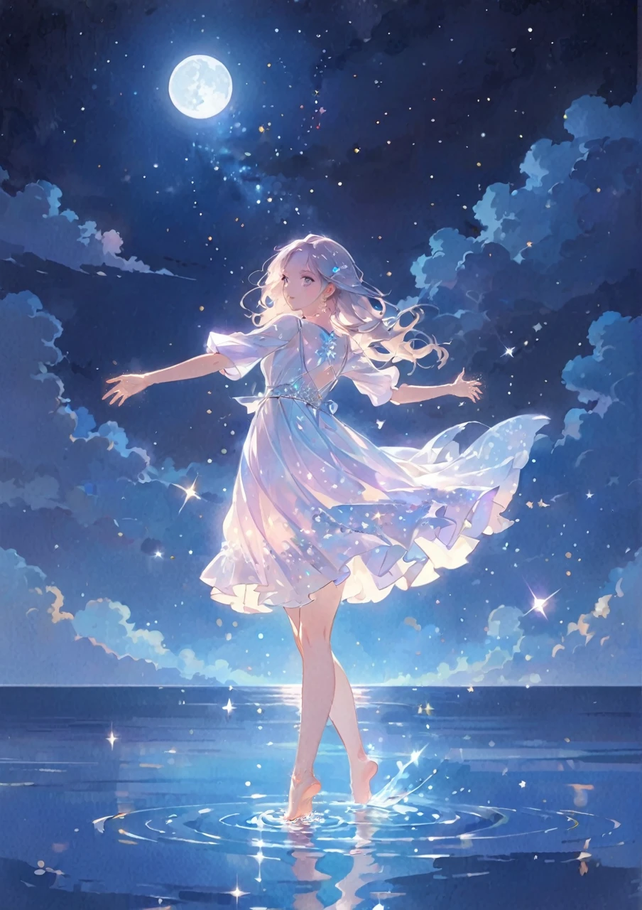 A girl standing alone under the starry night sky, with her silhouette illuminated by the soft moonlight and twinkling stars. Her face is beautifully detailed, with mesmerizing eyes that seem to reflect the universe itself, long and fluttering eyelashes, and exquisitely defined lips. She is dressed in an elegant gown, flowing and ethereal, embracing her figure gracefully as it glimmers with a subtle celestial glow. The intricate details of her dress catch the faint starlight, creating a mesmerizing sparkle. The surrounding landscape showcases a serene ocean. The air is filled with a gentle breeze, causing the fabric to sway delicately. The  is bathed in a warm, dreamy color palette, with hues of deep blues, purples, and hints of silver. The atmosphere is calm and tranquil, evoking a sense of peace and serenity. The artwork is of the highest quality, meticulously created with ultra-detailed brushstrokes and precise attention to every element. The texture and depth of the painting are breathtaking, with a sense of realism and photorealism that captures the awe-inspiring beauty of the night sky. The lighting is soft and diffused, casting a gentle glow over the entire scene, enhancing the magical ambiance. The girl's presence radiates a sense of mystery and wonder, as if she holds a secret connected to the celestial beings above. The overall composition evokes a feeling of timelessness and captures the essence of a StarSign, an artwork that embodies the celestial beauty and inner strength of a girl in harmony with the stars. Barefoot,walking on water