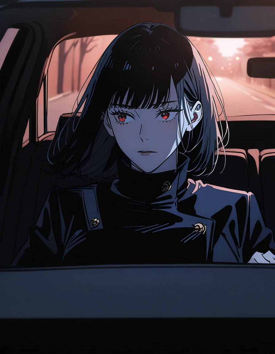 a woman (female) with long black hair with bangs (long black hair), red eyes (red), beautiful, cute, jujutsu kaisen uniform, artwork, lighting, in car