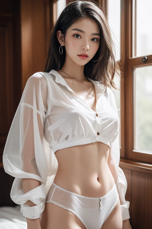 Top quality, RAW Photo, Highest Quality Image, 16K, Full body, Age 22, Realistic, Photorealistic,  Beautiful Asian woman, Sexy, body, White pale skin, Silver Hair,, dreadlocks hairstyle, Bob Marley hairstyles, Detailed face, Detailed body, Detailed skin, Double eyelids, Big eyes, long eyelashes, bright eyes, green eyes, natural lips, detailed lips, Saggy breasts, Very Small breasts, Flat Breasts, long shape breasts, posing in bedroom studio, sunny day light, wearing white see through crop top with all buttons are unbuttoned, no bra, Has Tattoo on the top of rhe chest