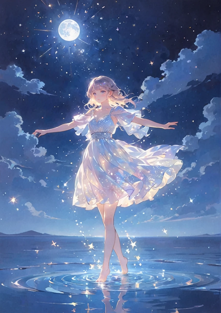 A girl standing alone under the starry night sky, with her silhouette illuminated by the soft moonlight and twinkling stars. Her face is beautifully detailed, with mesmerizing eyes that seem to reflect the universe itself, long and fluttering eyelashes, and exquisitely defined lips. She is dressed in an elegant gown, flowing and ethereal, embracing her figure gracefully as it glimmers with a subtle celestial glow. The intricate details of her dress catch the faint starlight, creating a mesmerizing sparkle. The surrounding landscape showcases a serene ocean. The air is filled with a gentle breeze, causing the fabric to sway delicately. The  is bathed in a warm, dreamy color palette, with hues of deep blues, purples, and hints of silver. The atmosphere is calm and tranquil, evoking a sense of peace and serenity. The artwork is of the highest quality, meticulously created with ultra-detailed brushstrokes and precise attention to every element. The texture and depth of the painting are breathtaking, with a sense of realism and photorealism that captures the awe-inspiring beauty of the night sky. The lighting is soft and diffused, casting a gentle glow over the entire scene, enhancing the magical ambiance. The girl's presence radiates a sense of mystery and wonder, as if she holds a secret connected to the celestial beings above. The overall composition evokes a feeling of timelessness and captures the essence of a StarSign, an artwork that embodies the celestial beauty and inner strength of a girl in harmony with the stars. Barefoot,walking on water