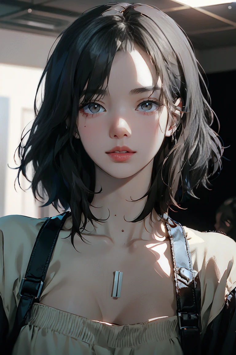 Beautiful girl with realistic black eyes, Pale skin, Medium black hair, Perfect Face, Perfect Eyes, Wearing a coat, Very detailed, General Movies, Digital Painting, 8k, Cinema Lighting, Highest quality, High resolution, well done!, Post-processing, Perfect results, Surreal，(((Revealing clothing)))，Big Breasts, Browsing Caution