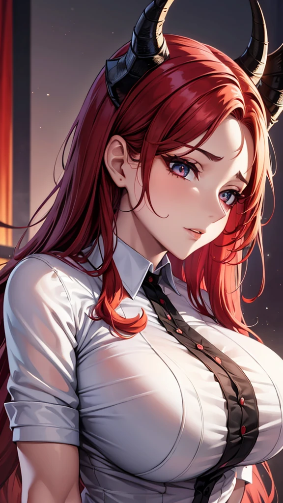 muito detalhado, seductive erotic woman with horns, skin-tight shirt, (busty, Breasts are so huge Shirt always bursts, Red hair), centered on the face, Face concentrated, intricate eyes,