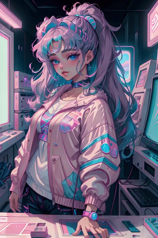 masterpiece, beautiful vaporwave style, 1 woman, playing a game, game room, casual clothes
,