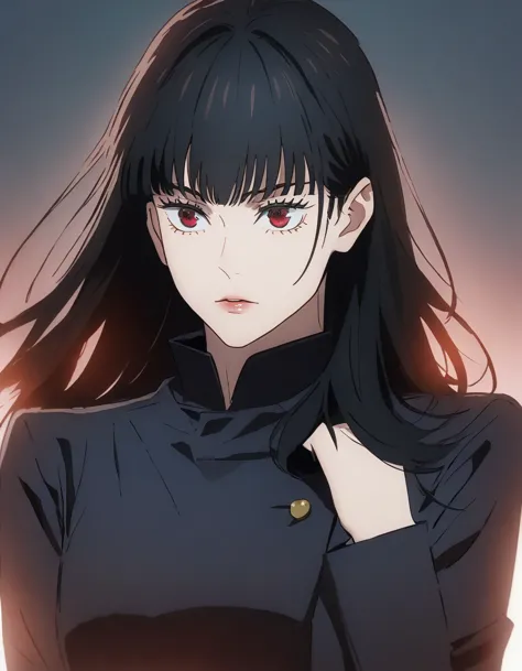 a woman (female) with long black hair with bangs (long black hair), red eyes (red), beautiful, cute, jujutsu kaisen uniform, art...