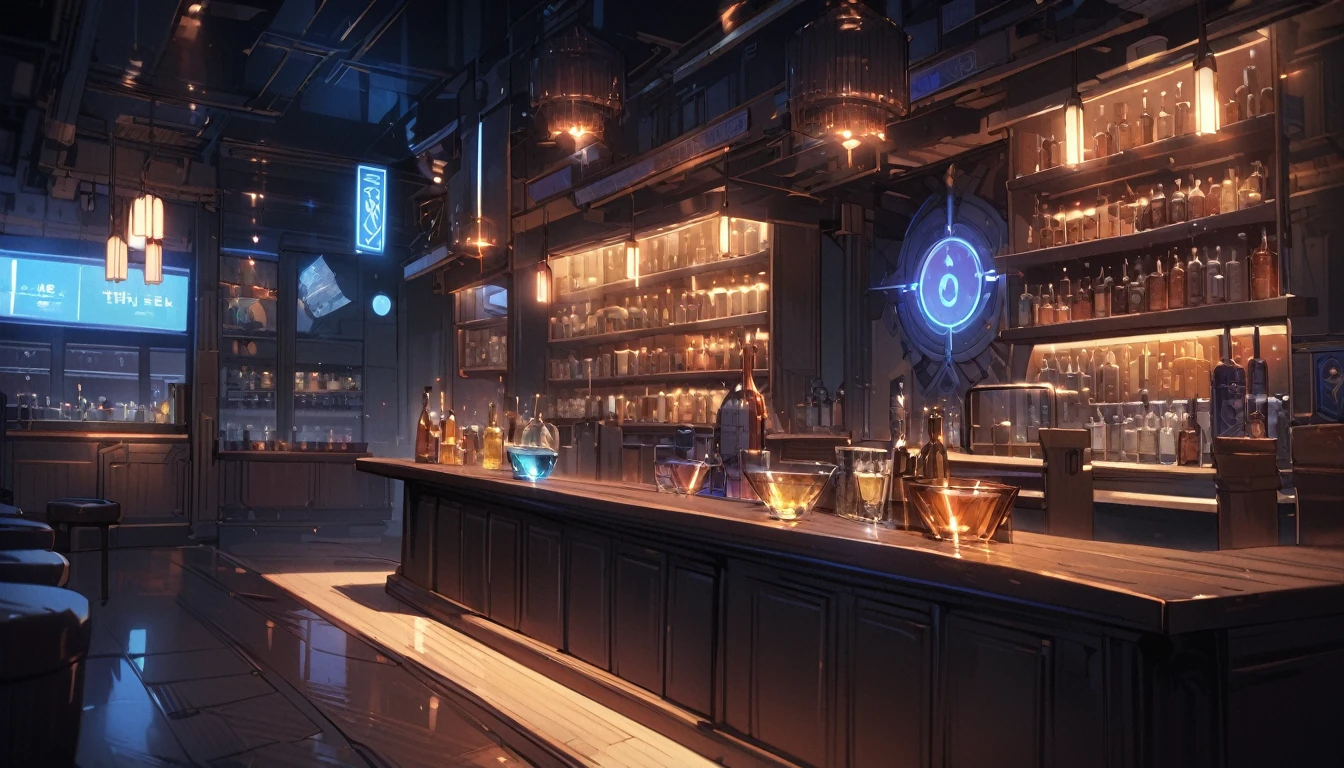 cosmic bar, fantasy space aesthetic, front view of bar, drinks, bar counter, high quality, masterpiece, good lighting,  detailed, no people, empty bar, cozy, blue bar, 4k, hd