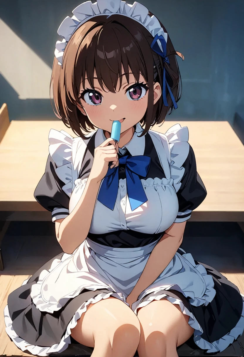 (Highest quality:1.2, 4K, 8k, Studio Anime, Very detailed, up to date, Vibrant, Attention to detail, High Contrast, masterpiece:1.2, Highest quality, Best aesthetics), (((1 person))), Sitting, maid, maid服, Blue Ribbon, Frills, Lick:1.2, smile, Popsicles, 舌を出してLick, Cute people, Get closer, Friendly atmosphere, Fun and youthful々Shii々Cool vibe, Accuracy and concentration, Striking contrast,  (Perfect hands, Perfect Anatomy), I'm smiling at you、