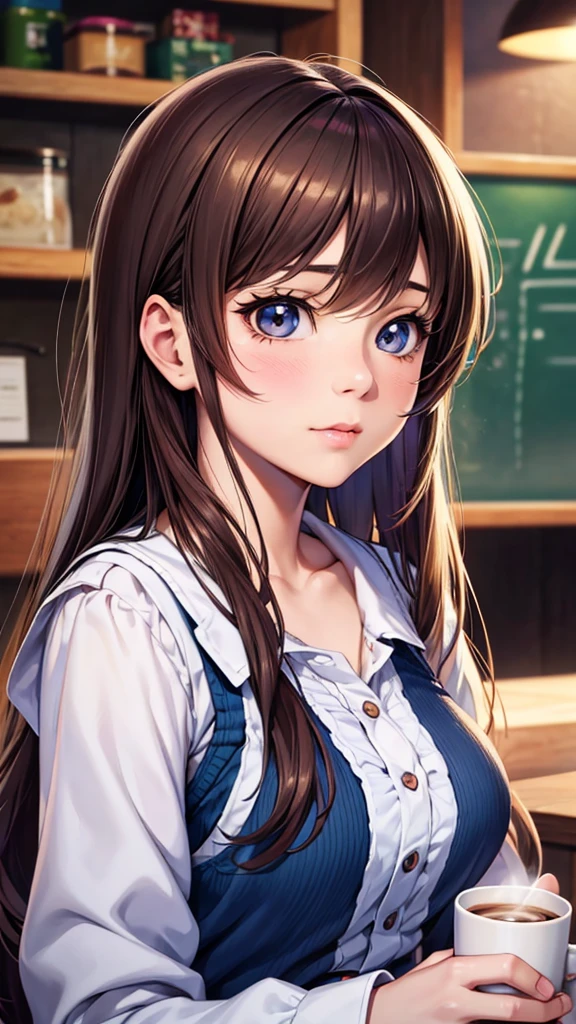 Da ist eine Frau, holding a cup of coffee, Anime girls in real life, realistic young anime girl, portrait of cute anime girl, cute natural anime face, Kawaii realistic portrait, realistic anime 3d style, cute kawaii girl, attractive anime girl, photorealistic anime, mysterious coffee shop girl, young anime girl, cute anime girl, Anime girl with long hair