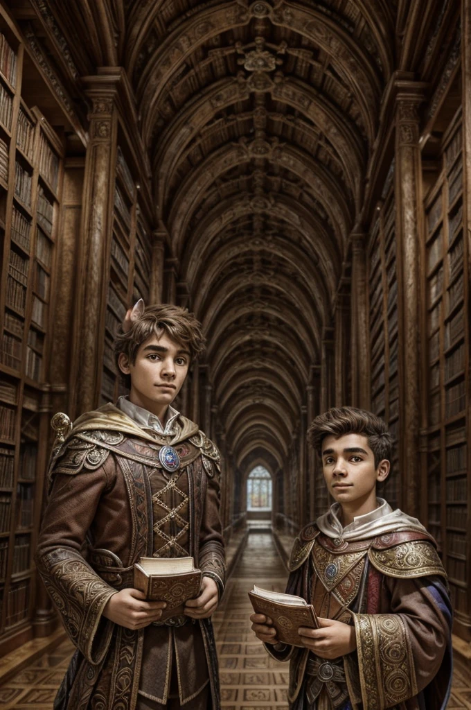 Create an image (super realistico)! A young man next to another man, with age! They are in a library that contains the knowledge of the world! Full of Scrolls and infinite books! 