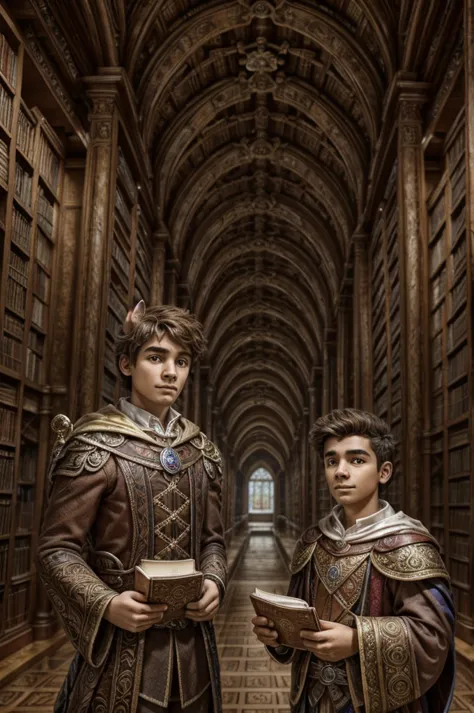 create an image (super realistico)! a young man next to another man, with age! they are in a library that contains the knowledge...