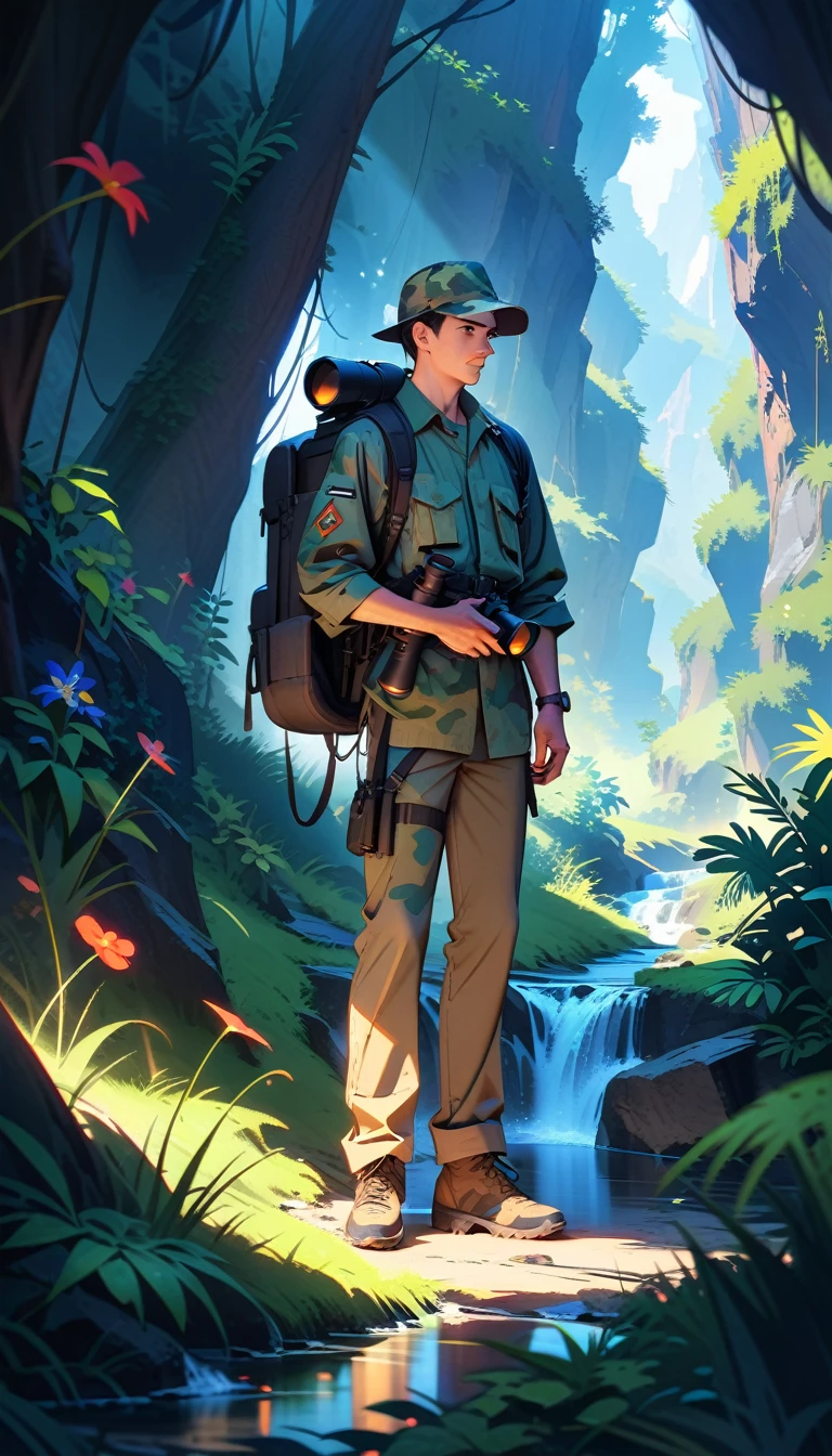 A man wearing safari camouflage、Close-up of man standing in deep mountainous jungle with backpack and binoculars, Beautiful light and shadow explored deep in the forest, Strange flowers, exotic grass, mountain streams