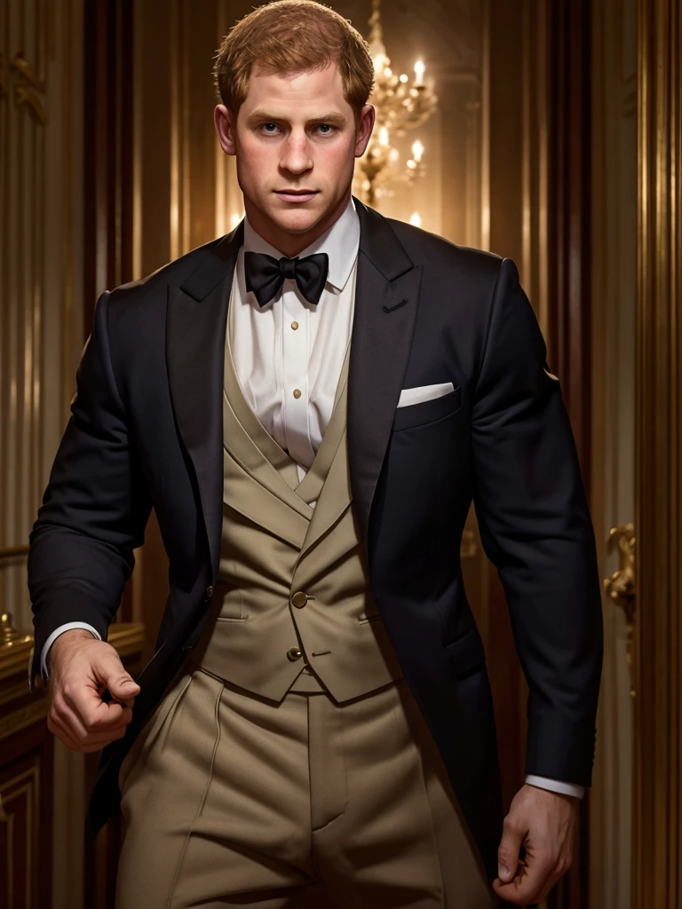 lustration in Leyendecker style : Muscular and pumped-up Prince Harry as James Bond , Agent 007, in an expensive suit