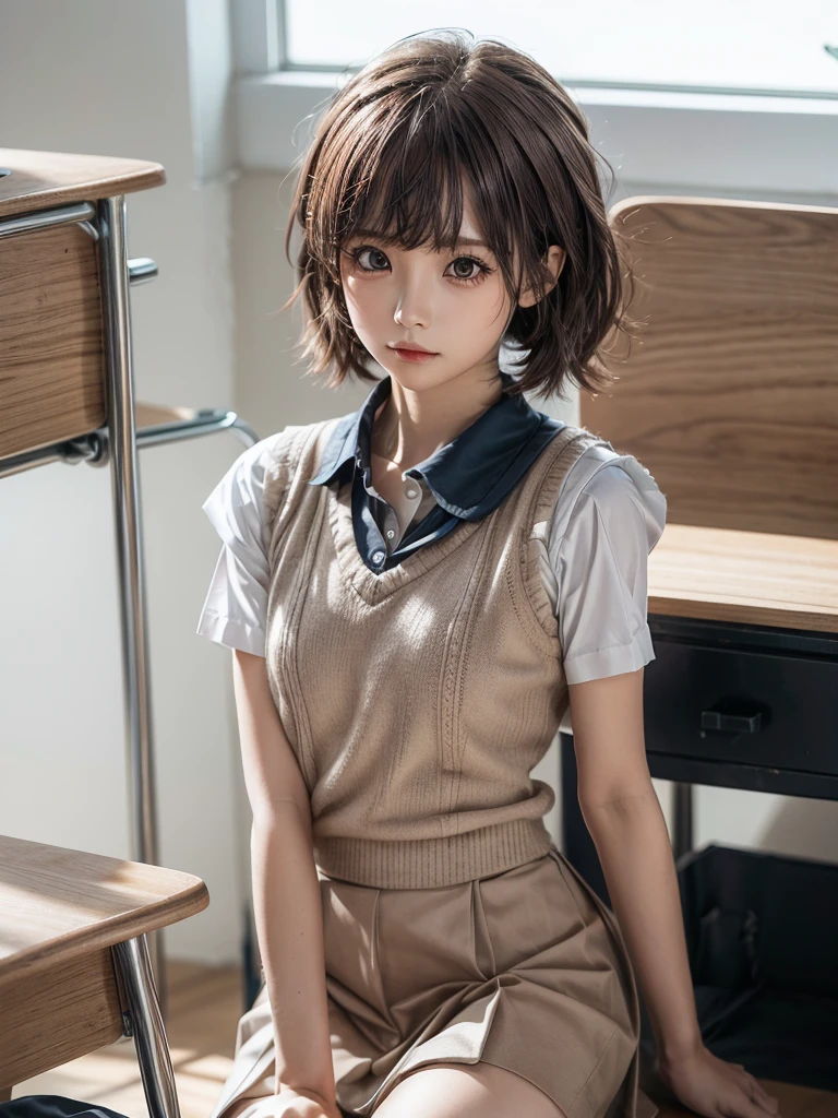 Masterpiece, Top Quality, Top Mikoto, brown eyes, short hair, small breasts, looking at viewer, alone, closed mouth, collared shirt, beige knit vest, dark blue  Skirt, school_uniform, shirt, white_shirt, classroom,Masterpiece, highest quality, 8K, detailed skin texture, fine cloth texture, beautiful detailed face, intricate details, super detailed,cute,cute posing,composition that shows the whole body, pink hair