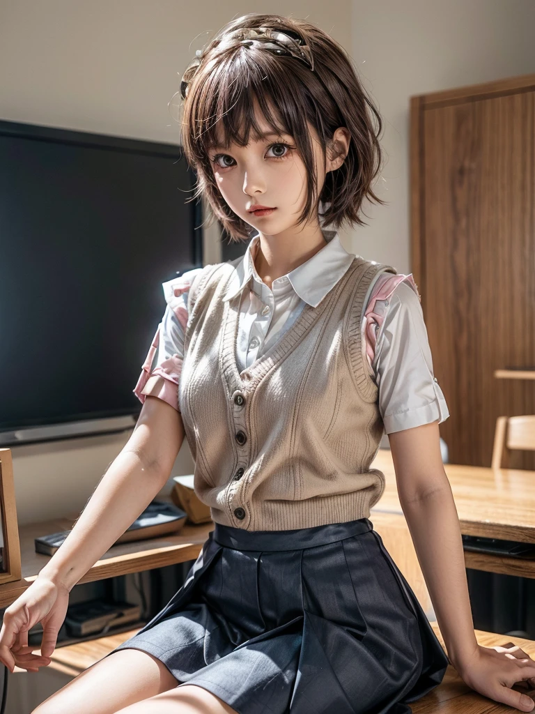 Masterpiece, Top Quality, Top Mikoto, brown eyes, short hair, small breasts, looking at viewer, alone, closed mouth, collared shirt, beige knit vest, dark blue  Skirt, school_uniform, shirt, white_shirt, classroom,Masterpiece, highest quality, 8K, detailed skin texture, fine cloth texture, beautiful detailed face, intricate details, super detailed,cute,cute posing,composition that shows the whole body, pink hair