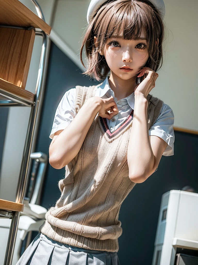 Masterpiece, Top Quality, Top Mikoto, brown eyes, short hair, small breasts, looking at viewer, alone, closed mouth, collared shirt, beige knit vest, dark blue  Skirt, school_uniform, shirt, white_shirt, classroom,Masterpiece, highest quality, 8K, detailed skin texture, fine cloth texture, beautiful detailed face, intricate details, super detailed,cute,cute posing,composition that shows the whole body, pink hair