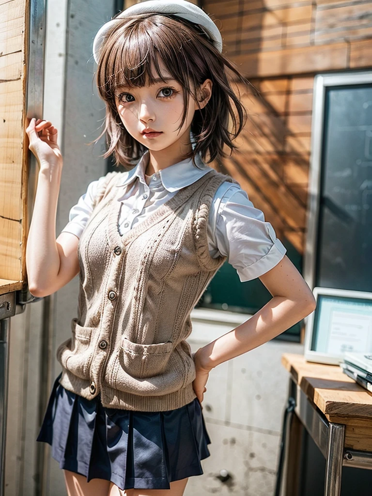 Masterpiece, Top Quality, Top Mikoto, brown eyes, short hair, small breasts, looking at viewer, alone, closed mouth, collared shirt, beige knit vest, dark blue  Skirt, school_uniform, shirt, white_shirt, classroom,Masterpiece, highest quality, 8K, detailed skin texture, fine cloth texture, beautiful detailed face, intricate details, super detailed,cute,cute posing,composition that shows the whole body, pink hair